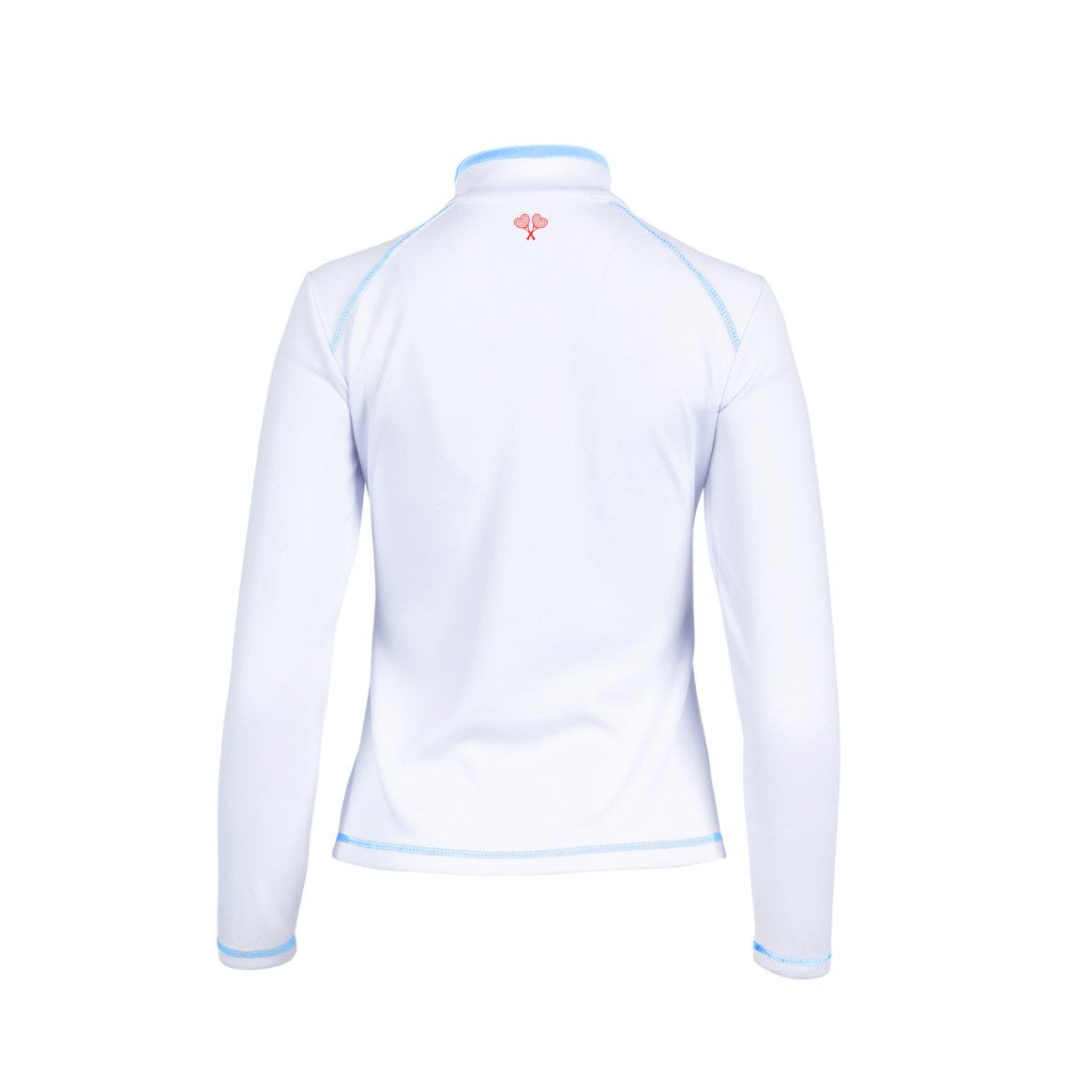 White long-sleeve shirt with blue accents on a white background
