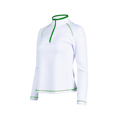 White long-sleeve shirt with green accents on a white background