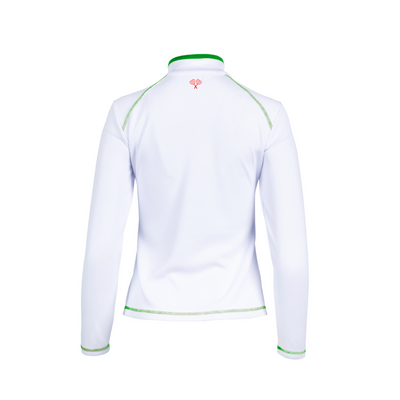 White long-sleeve shirt with green accents on a white background