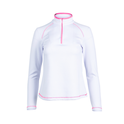 White long-sleeve shirt with pink accents on a white background