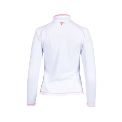 White long-sleeve shirt with pink accents on a white background