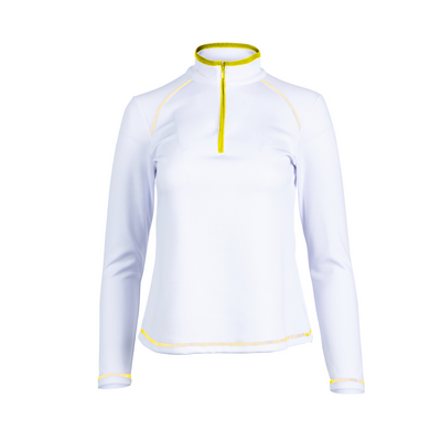 White long-sleeve top with yellow accents on a white background