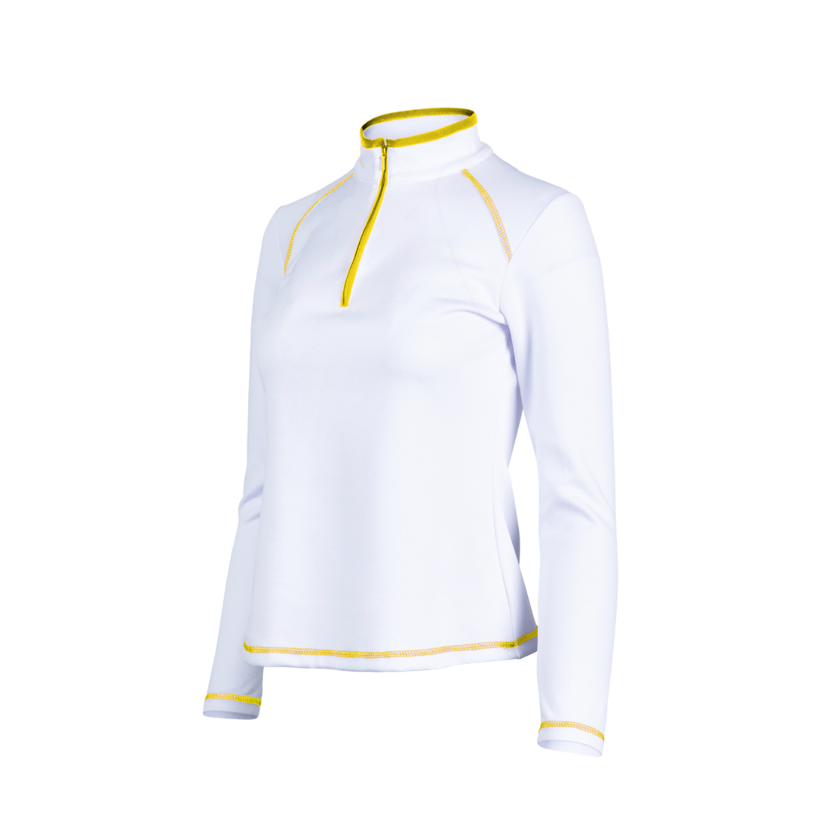White long-sleeve top with yellow accents on a white background