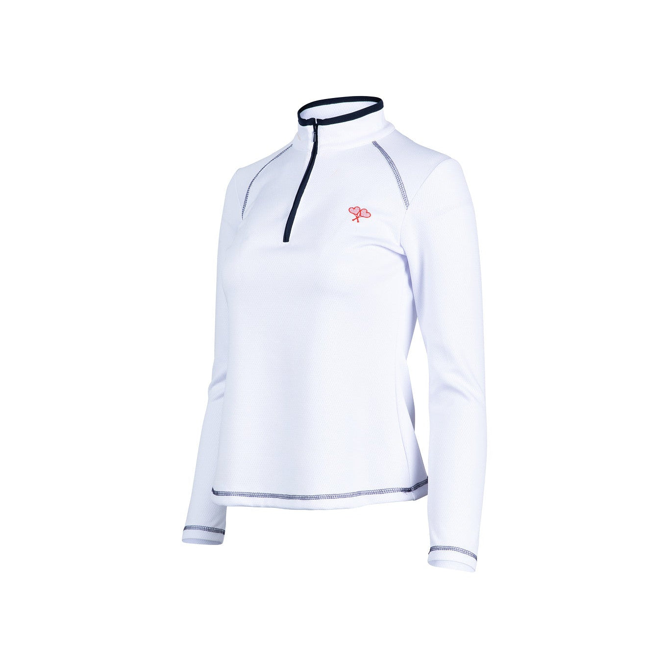 White long-sleeve athletic shirt with a brand logo on a white background