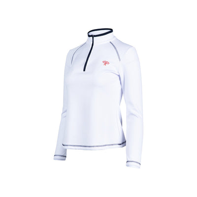 White long-sleeve athletic shirt with a brand logo on a white background