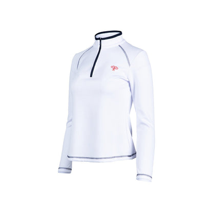 White long-sleeve athletic shirt with a brand logo on a white background