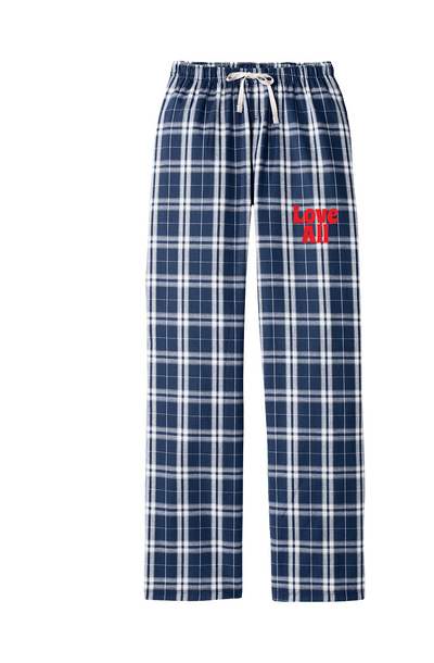 Navy and white plaid pajama pants with red logo text "Love All" on a flat white background