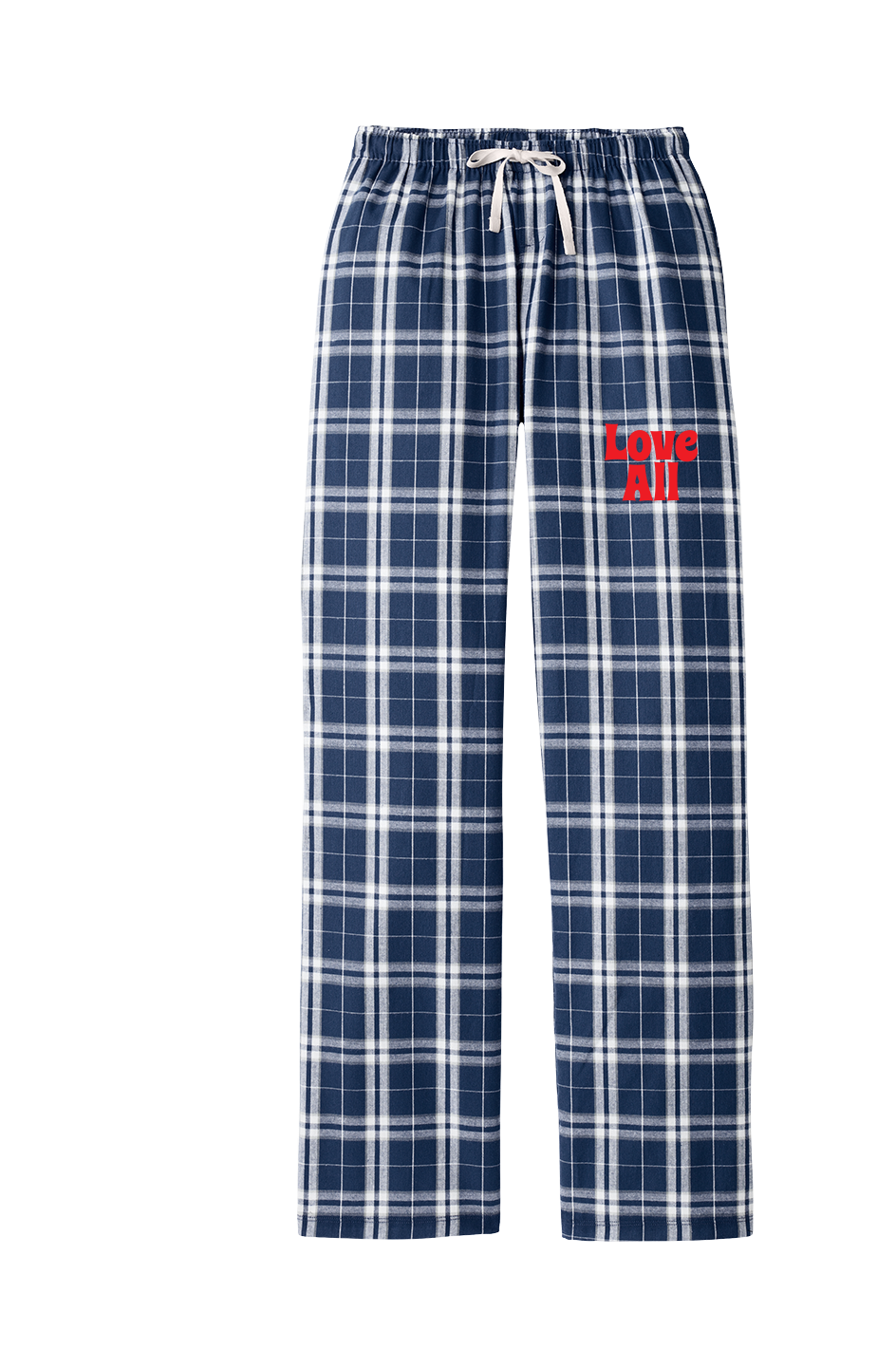 Navy and white plaid pajama pants with red logo text "Love All" on a flat white background