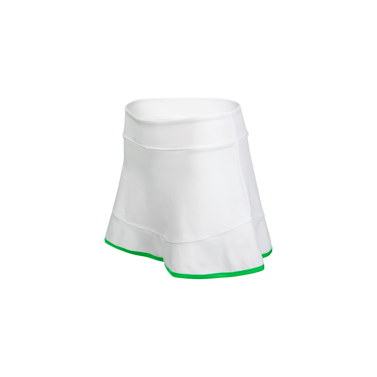 White tennis skirt with green trim on a white background