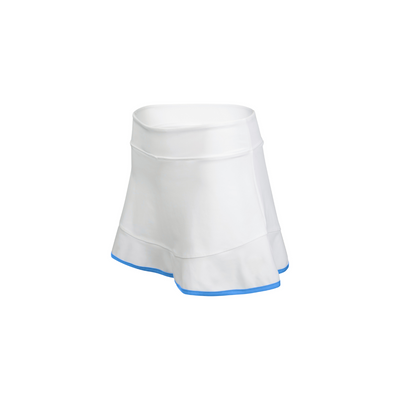 White tennis skirt with blue trim on a white background