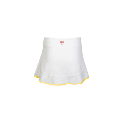 White tennis skirt with a small logo on a white background