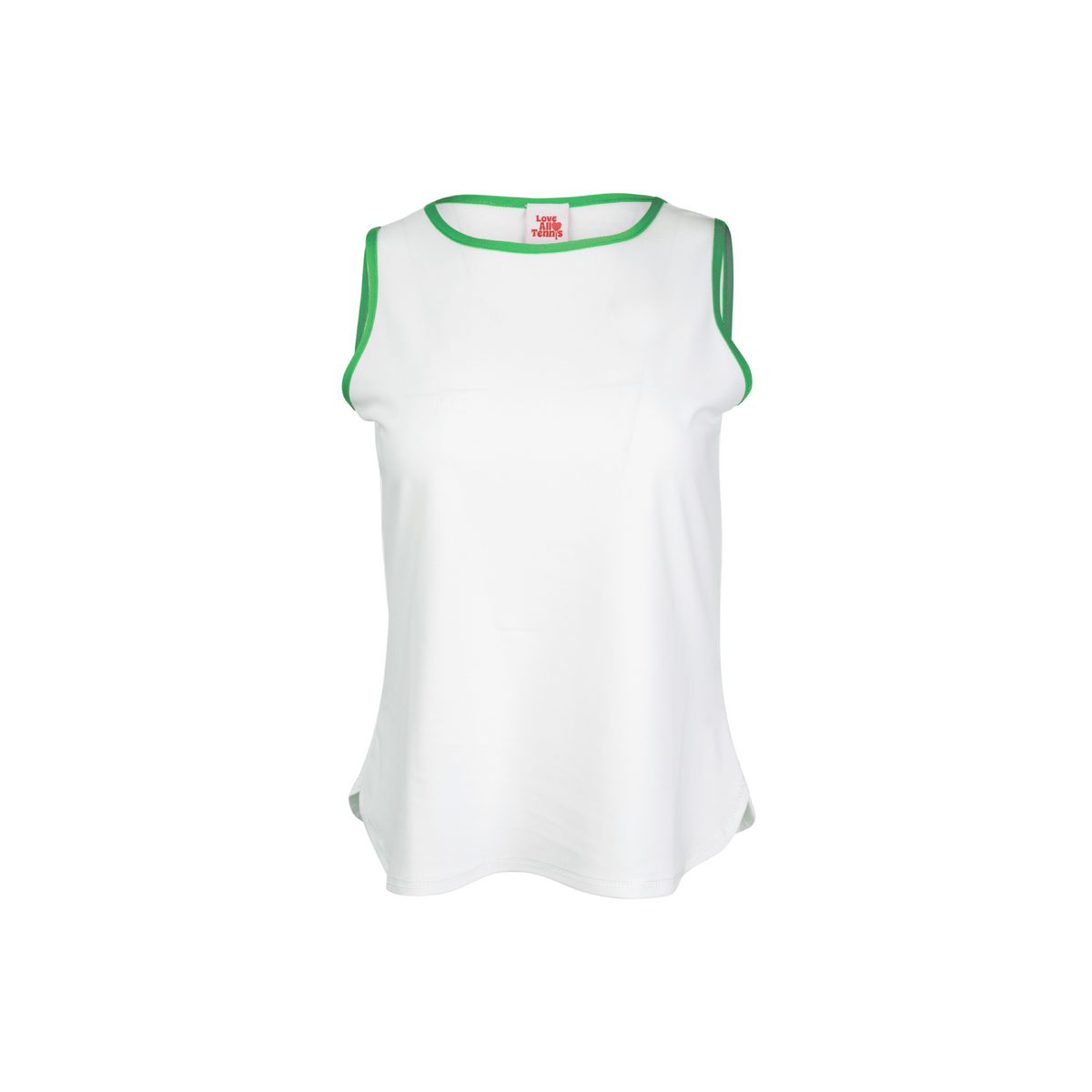 White sleeveless shirt with green trim on a white background