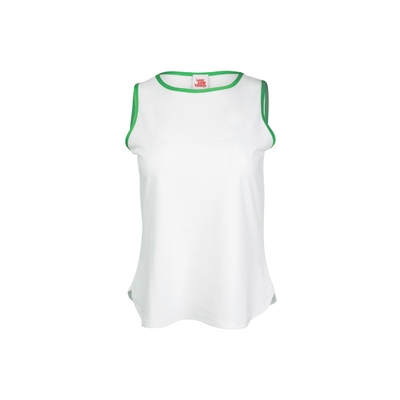 White sleeveless shirt with green trim on a white background