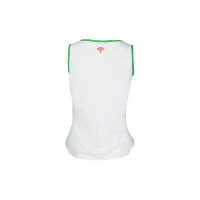 White sleeveless top with green trim on a white background