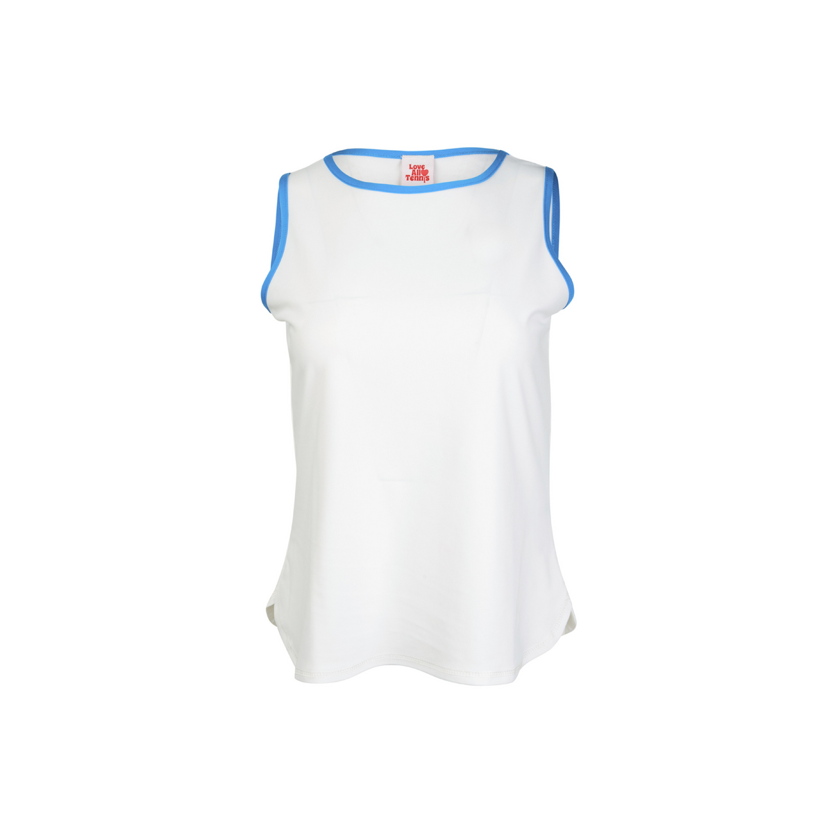 White sleeveless shirt with blue trim on a white background