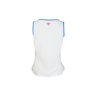 White sleeveless shirt with blue trim on a white background