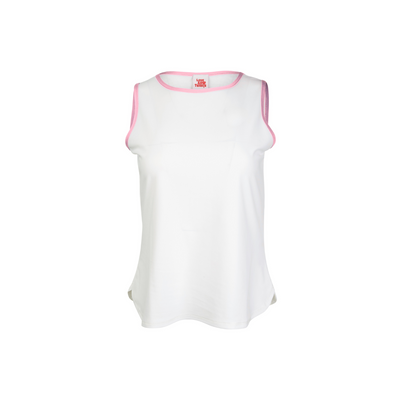 White sleeveless top with pink trim on a white background