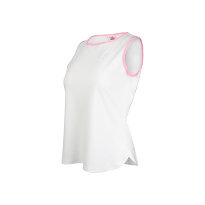 White tank top with pink trim on a white background