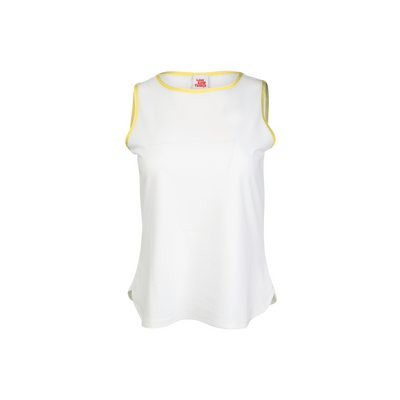 White sleeveless shirt with yellow trim on a white background