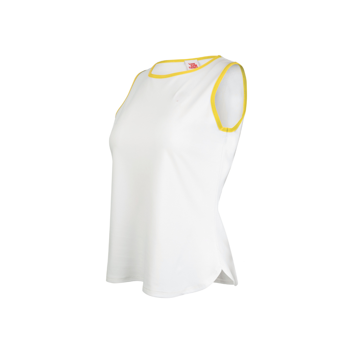 White sleeveless top with yellow trim on a white background