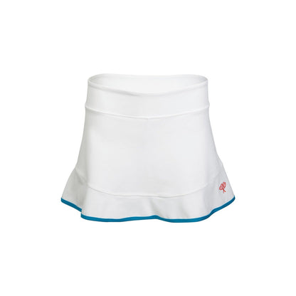 White tennis skirt with blue trim on a white background