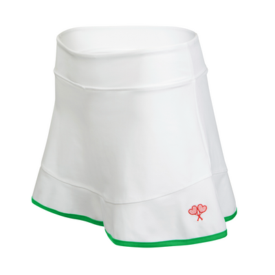 White tennis skirt with green hem and red logo on a white background