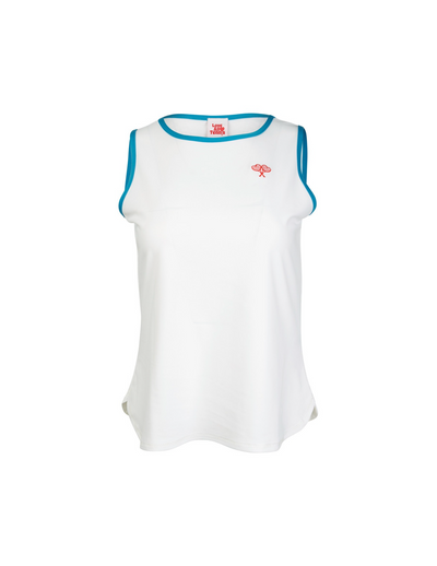White sleeveless top with blue trim on a white background
