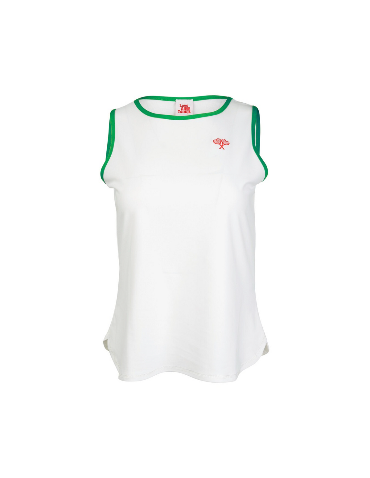White sleeveless top with green trim and red logo on a white background