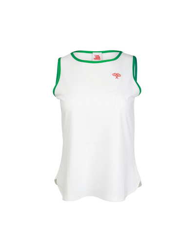 White sleeveless top with green trim and red logo on a white background