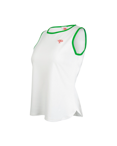 White tank top with green trim on a white background