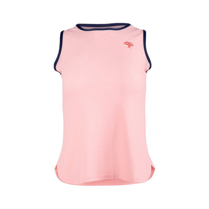 Pink sleeveless top with navy trim on a white background