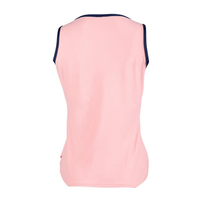 Pink sleeveless top with navy trim on a white background