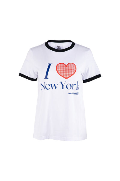 White t-shirt with 'I ❤️ New York' text and logo on a white background