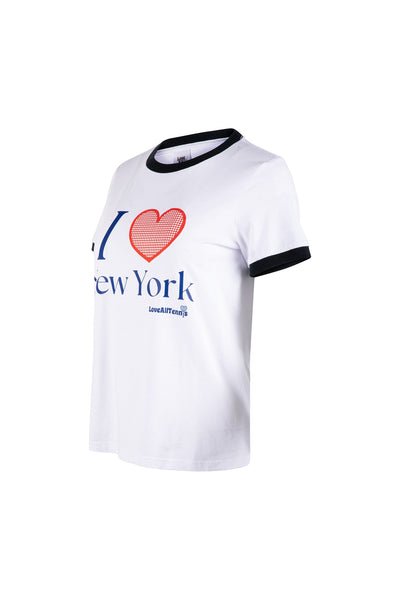 White t-shirt with 'I ❤️ New York' text and red heart design on a white background