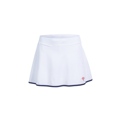 White tennis skirt with a logo on a white background
