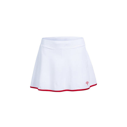 White tennis skirt with red trim on a white background