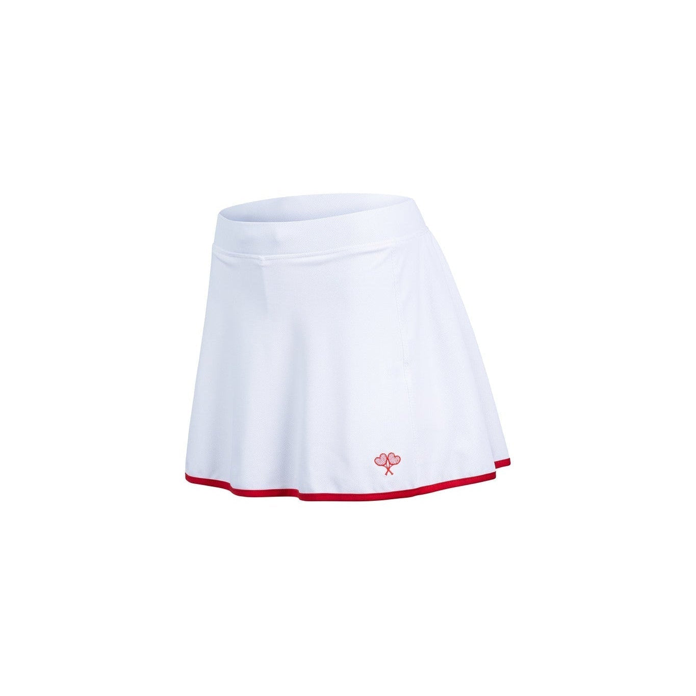 White tennis skirt with red trim on a white background