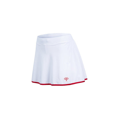 White tennis skirt with red trim on a white background