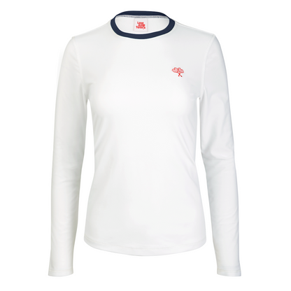 White long sleeve tennis top with navy collar piping on flat white background