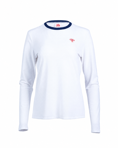 A white long-sleeve crewneck shirt with a navy blue collar trim and a small red logo on the left chest, displayed on a clean white background.