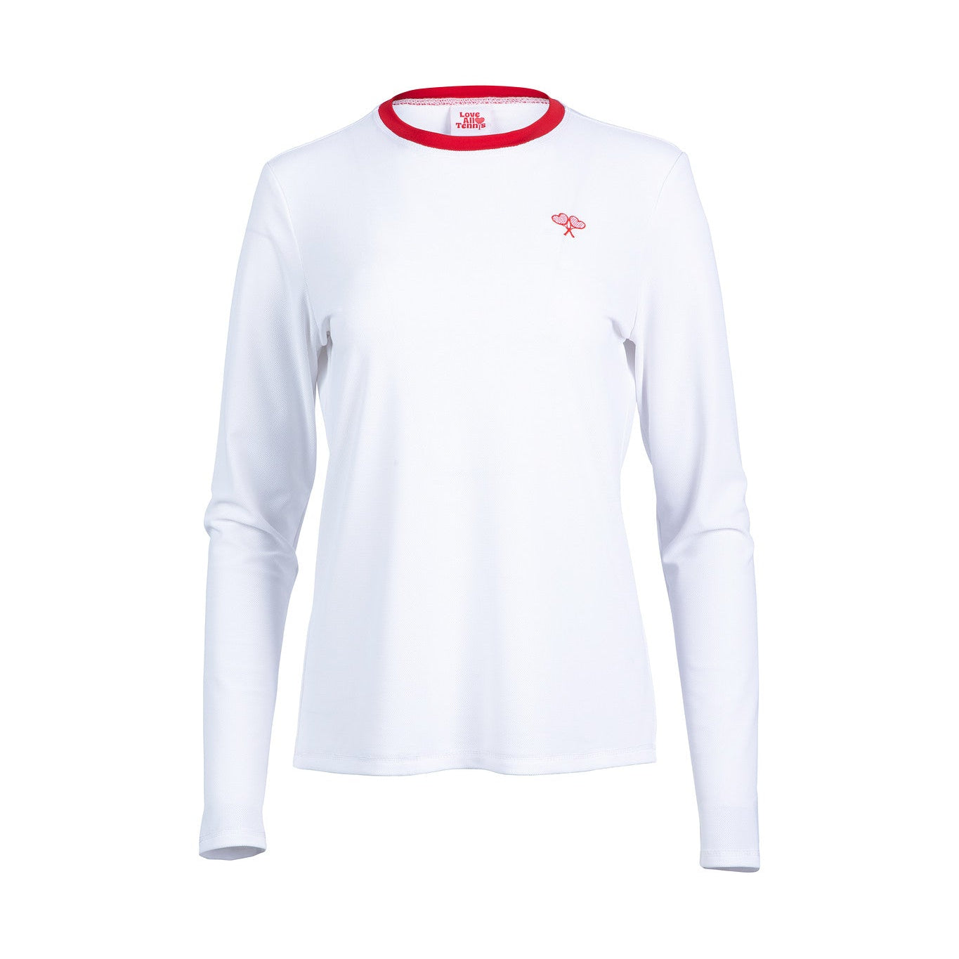 White long sleeve tennis top with red piping on the collar on flat white background