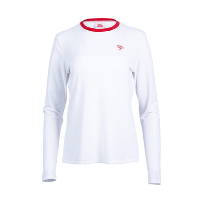 White long sleeve tennis top with red piping on the collar on flat white background