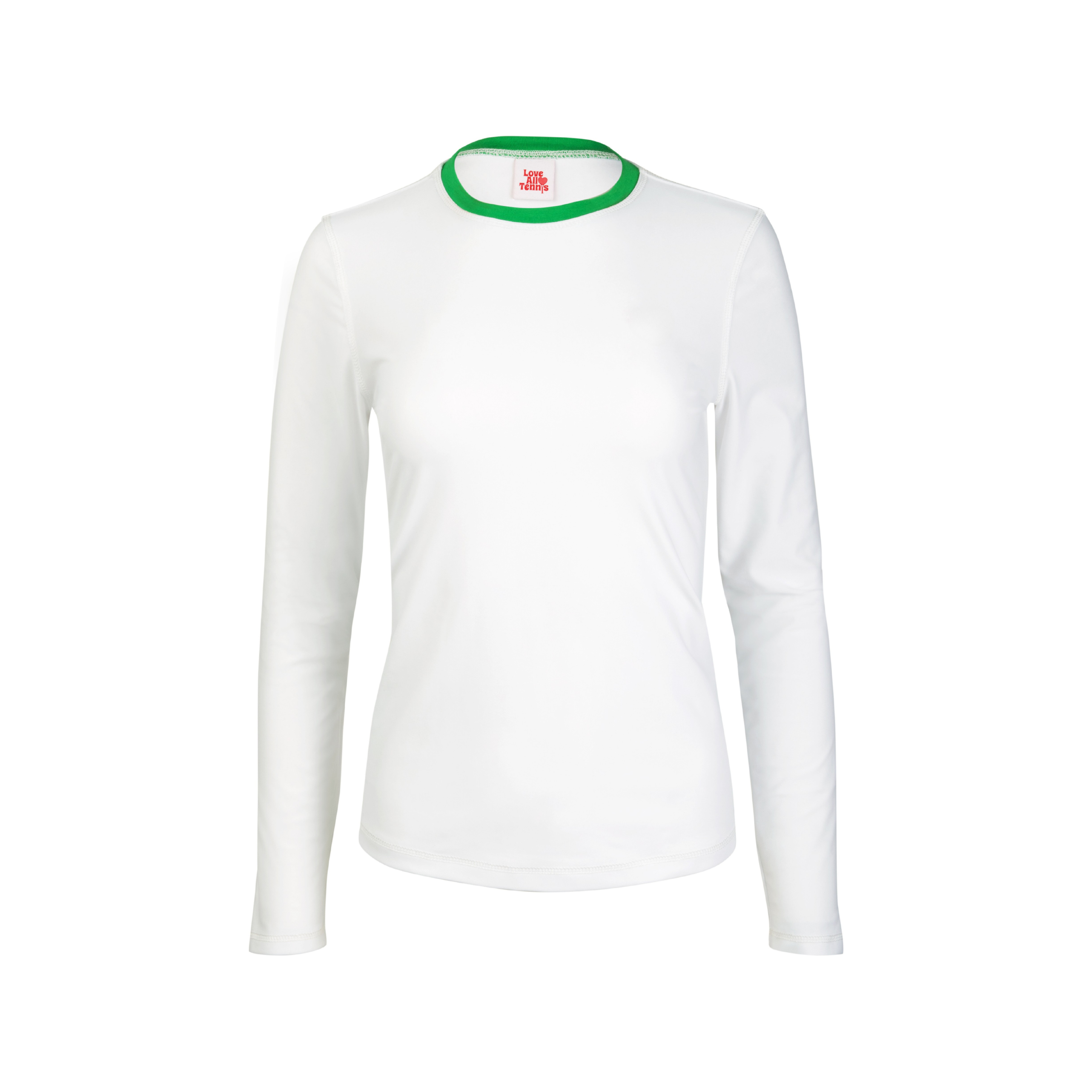 White long-sleeve shirt with green trim on a white background