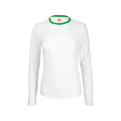 White long-sleeve shirt with green trim on a white background