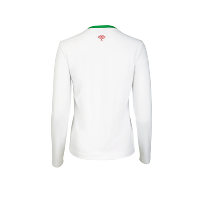 White long-sleeve shirt with a small logo on a white background