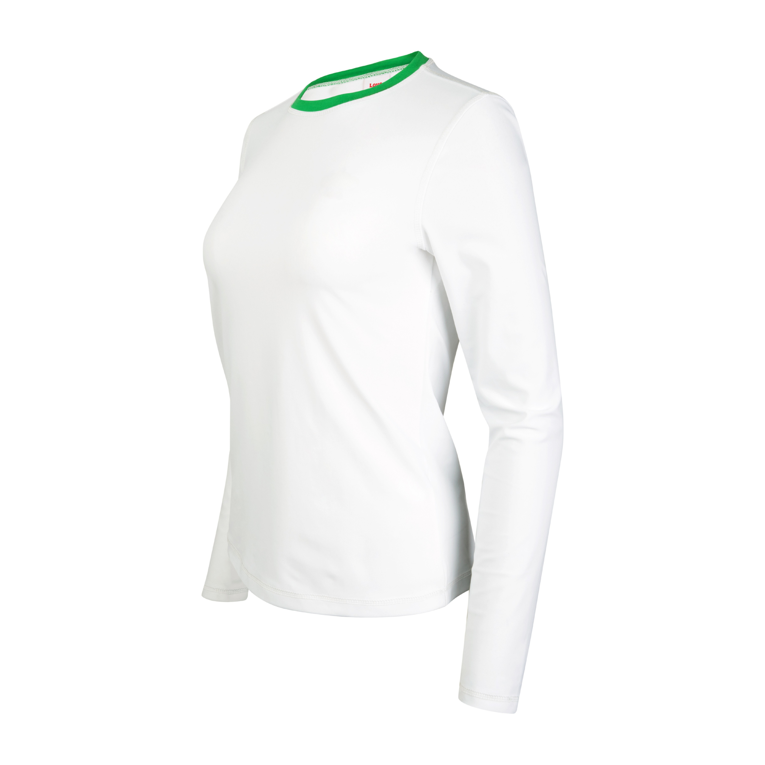 White long-sleeve shirt with green neckline on a white background