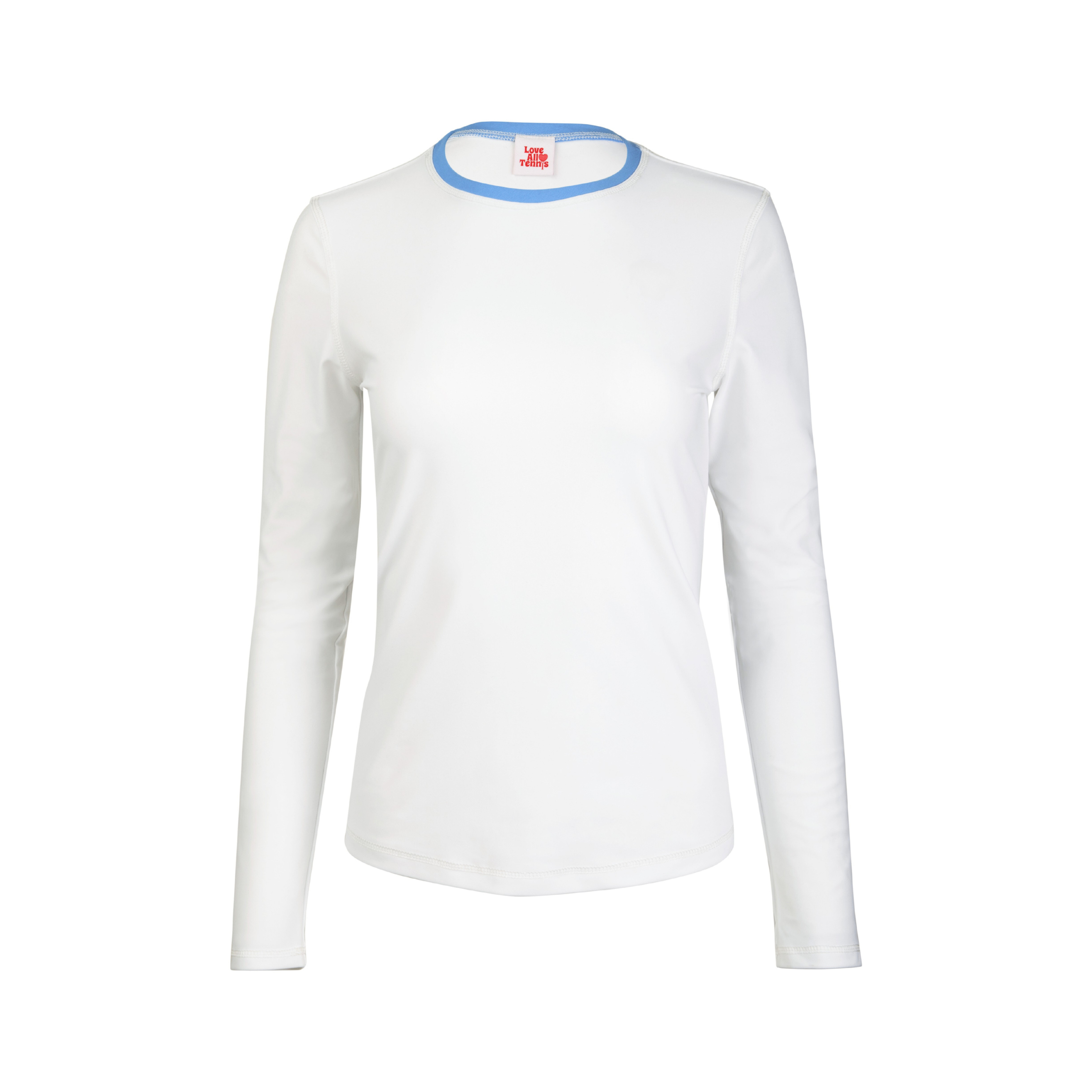 White long-sleeve shirt with a blue collar on a white background