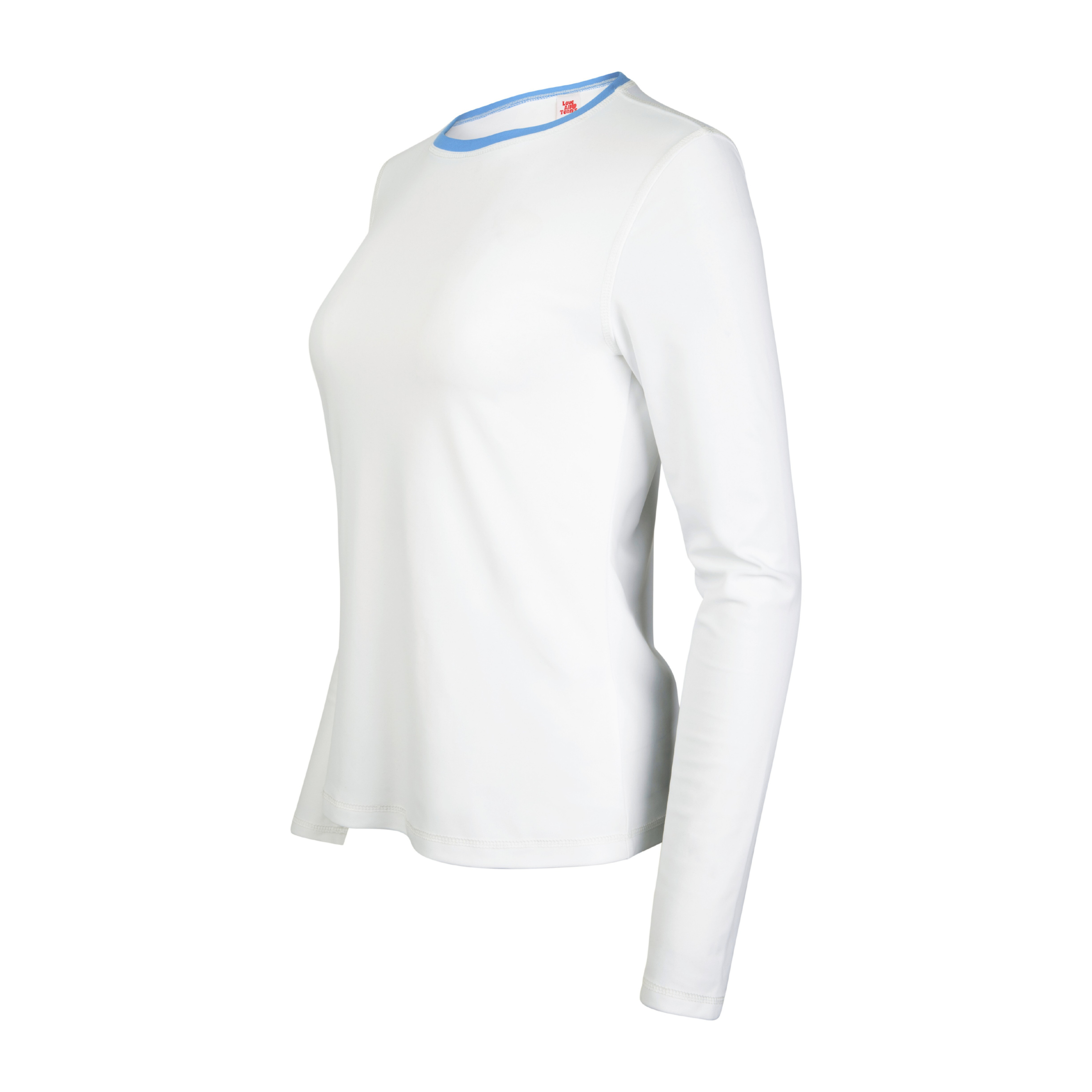 White long-sleeve shirt with a small logo on a white background