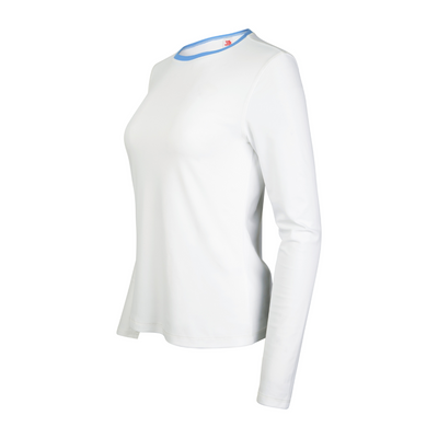 White long-sleeve shirt with a small logo on a white background