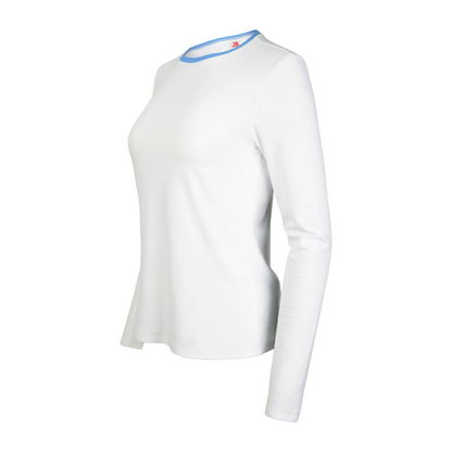 White long-sleeve shirt with a small logo on a white background